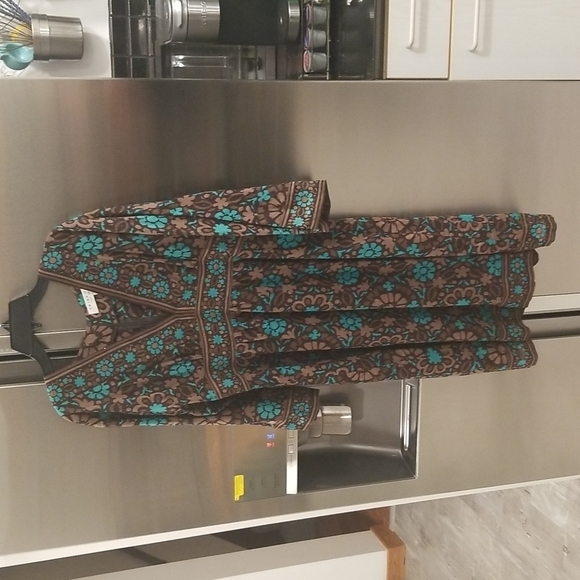 💕TRINA TURK💕 V-Neck Dress 8 Brown Aqua Abstract Floral Print - Picture 1 of 9